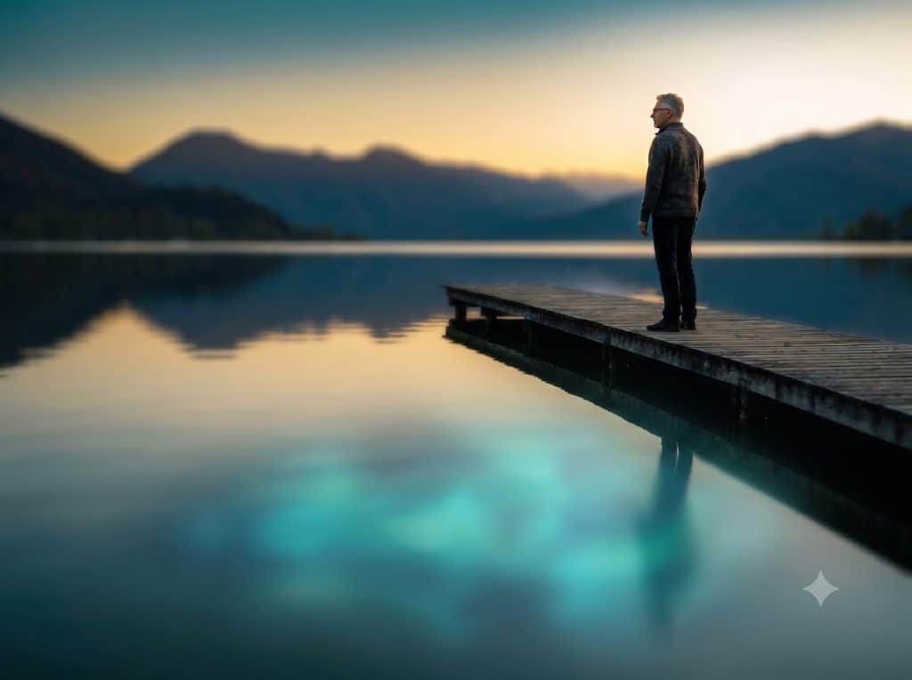 KI halluziniert - Andreas am Bootssteg des Tegernsees in der Abenddämmerung – im Wasser leuchtet, wo seine Spiegelung sein müsste, ein elektrisches Glühen