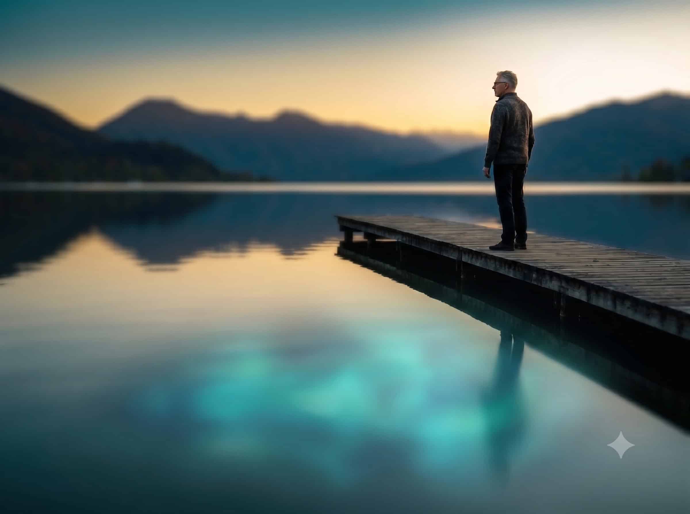 KI halluziniert - Andreas am Bootssteg des Tegernsees in der Abenddämmerung – im Wasser leuchtet, wo seine Spiegelung sein müsste, ein elektrisches Glühen
